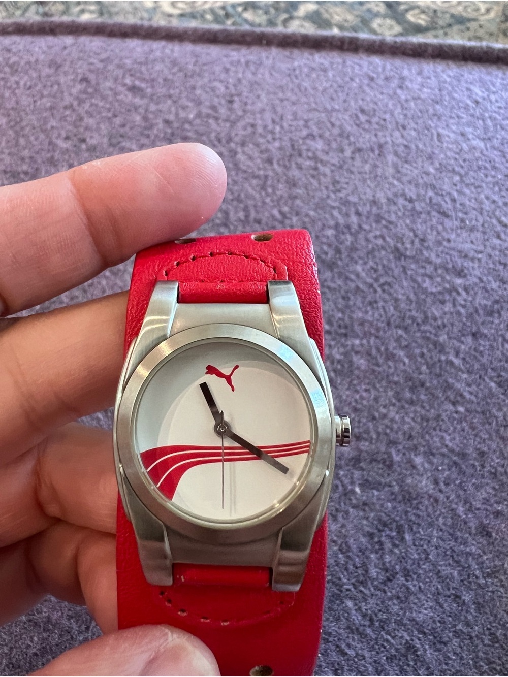 Puma Women's Silver Case Watch with Red Leather Strap - Excellent Condition